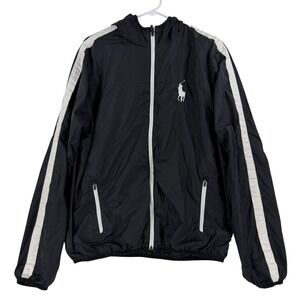 Polo Ralph Lauren Jacket Mens Medium Black Hooded Zip Nylon Windbreaker Polo 67